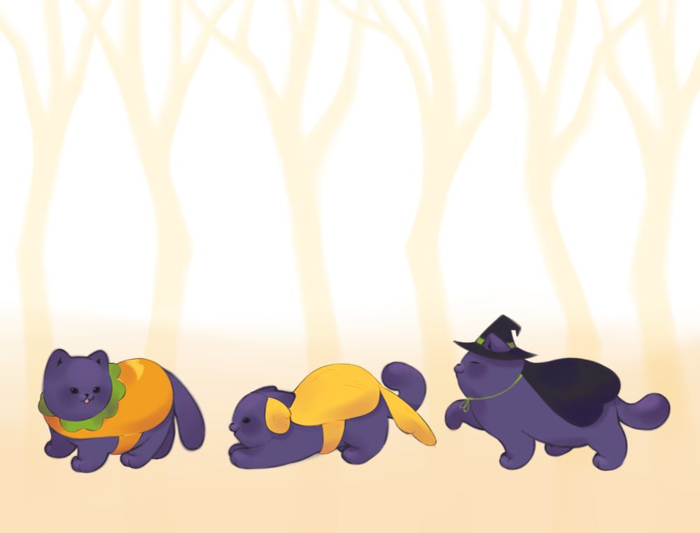 Three black cats in various costumes for Halloween, the first is wearing a jack-o’-lantern costume and looking back with its tongue out, second is wearing a puppy costume while in play mode and the last is prancing happily in a witch costume, the background is the silhouette of bare trees and a foggy ground.