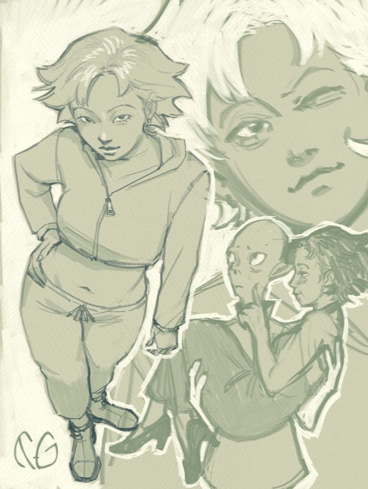 Digital sketch page in green tones of Amy Wong from the show Futurama. On the left she’s standing with a little sass and viewed from a bird’s eye perspective, wearing her typical sweat suit with a cropped hoodie and boots. In the bottom right she’s being carried by her partner Kif Kroker, an alien with big eyes, a big head with soft features. He looks nervous as Amy is poking his cheek and staring at him with interest. She’s wearing a dress and heels. In the top right corner is Amy being poked in the cheek possibly by Kif. She’s smiling and has one eye scrunched up. In the bottom left corner is my logo/signature. 