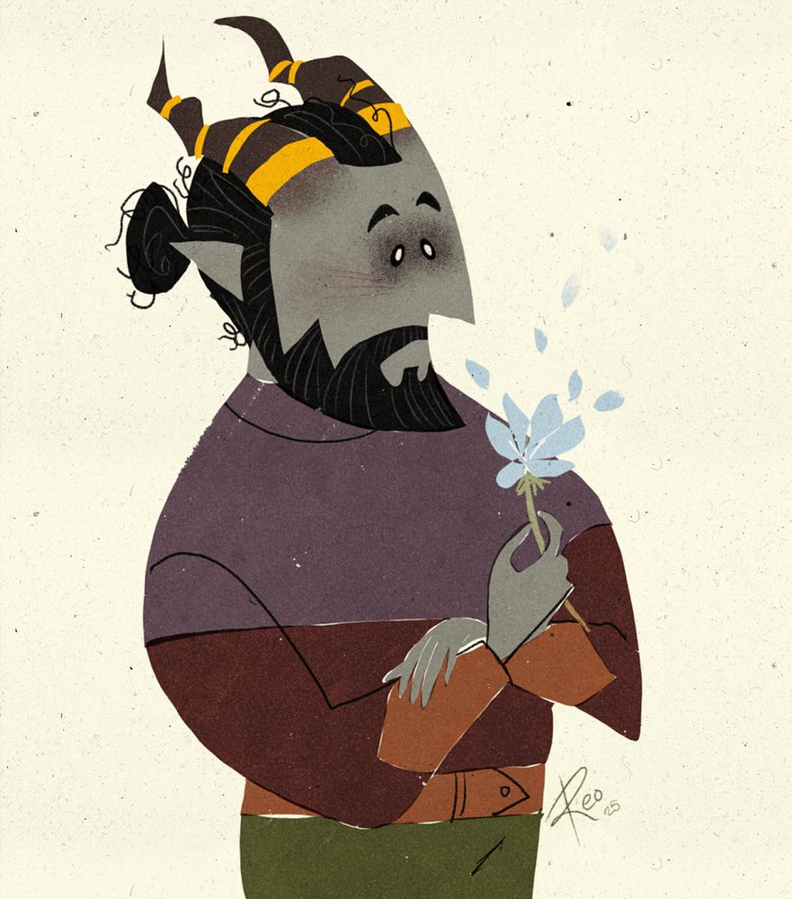 a simple stylised doodle of a qunari rook holding a flower