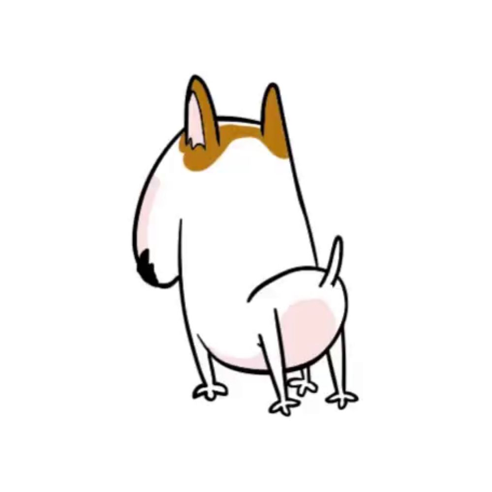 a cartoon bull terrier is sitting down with its back to the camera and looking at something .