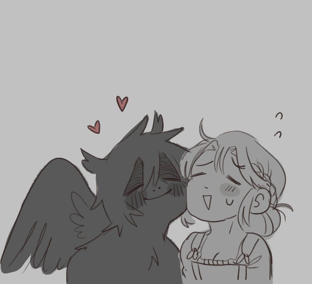 A simple sketch of Kree and Clara, touching cheeks and smiling. Kree has hearts above his head and Clara is slightly flustered.