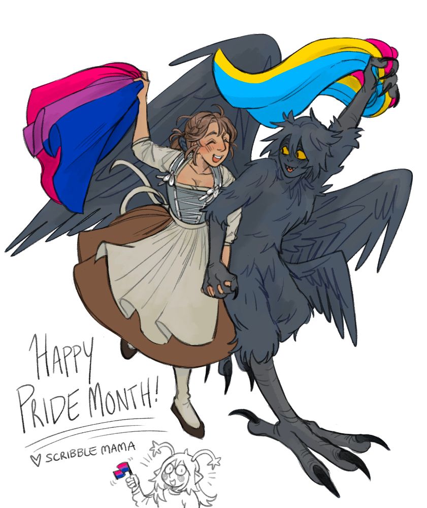 A drawing of Kree a male harpy with his human mate Clara. Both are running happily with flags in their hands. Kree is holding a pansexual flag and Clara is holding a bisexual flag. At the bottom corner, "Happy Pride Month, Love Scribble Mama" is written. There is also a small sketch of the artist's alien persona smiling and holding a tiny bisexual flag.