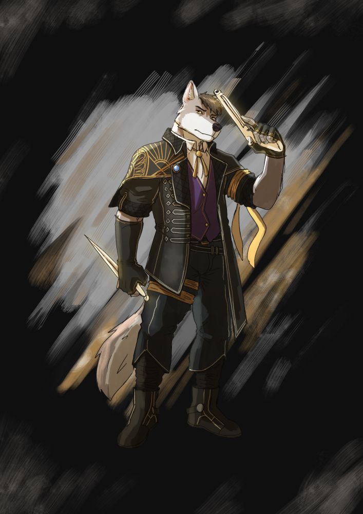 Enigma, a grey wolf with golden eyes and brown hair, is wearing an Expedition uniform from Expedition 33. With a dagger in his right hand and a pistol in his left, he wears a purple dress shirt and an asymmetric black overcoat. He's wearing durable trousers and boots, and a golden necktie.