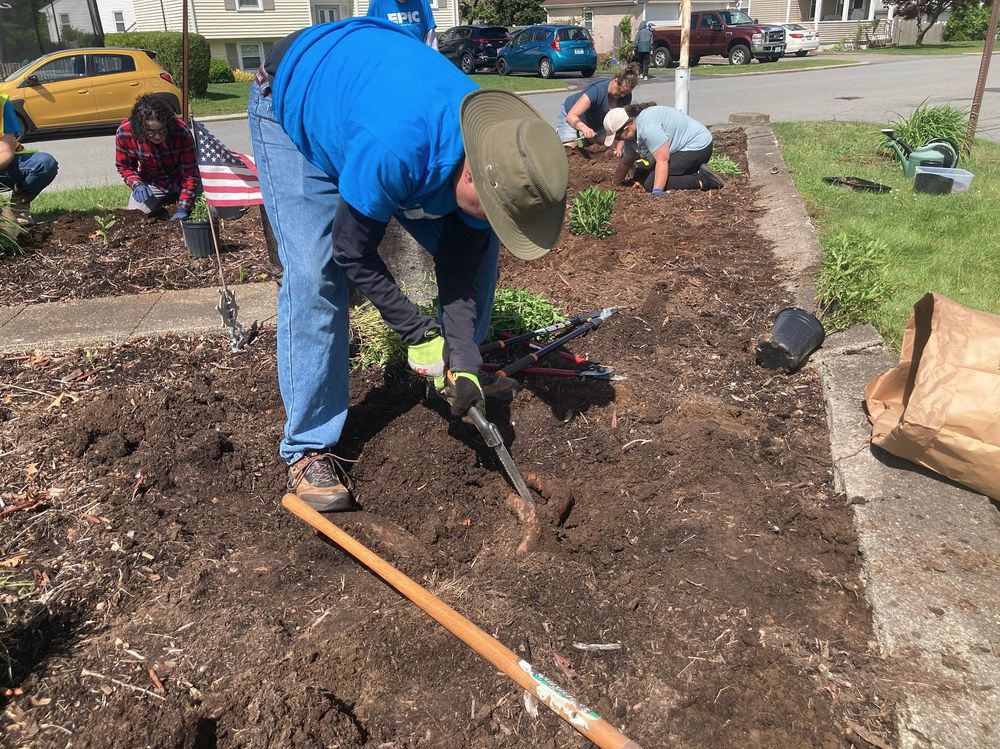 A group of people is gardening in a residential area near a sidewalk. One person in a blue "EPIC" shirt and hat uses a shovel to dig, while another in a plaid shirt plants a small plant from a pot. A small American flag is placed nearby. Others in the background, some in blue shirts, work with plants and tools like a watering can and pruners. Parked cars and houses line the street, with a paper bag and gardening supplies scattered around the site.