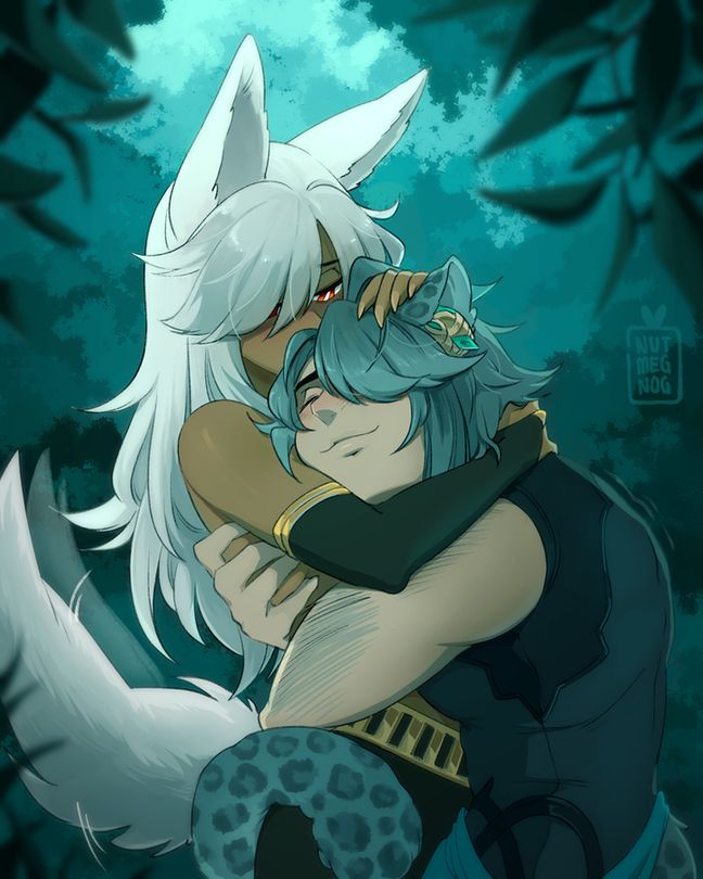 White haired man with tan skin, red eyes and dog ears/tail on the left holding a grey haired man on the right with leopard ears and tail. The leopard tail is wrapped around the dog man's waist possessively. The grey haired man is squishing his face into the white haired man's chest. The whole piece is set in a forest background with leaves framing the couple in the foreground.