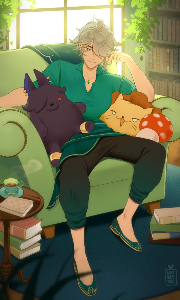 man with light gray hair sitting in a green arm chair infront of the window. his head is propped up by his left hand and he is smirking at camera. he is surrounded by plushies of hermanubis, a lion and a mushroom. a cup of tea with a book sits off on a table to the side