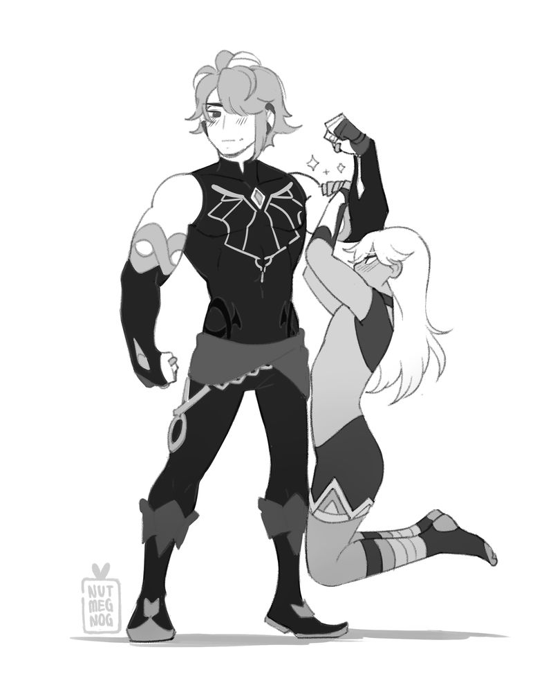 Alhaitham flexing his arm muscles, and a smaller Cyno holding off of them to show off his strength