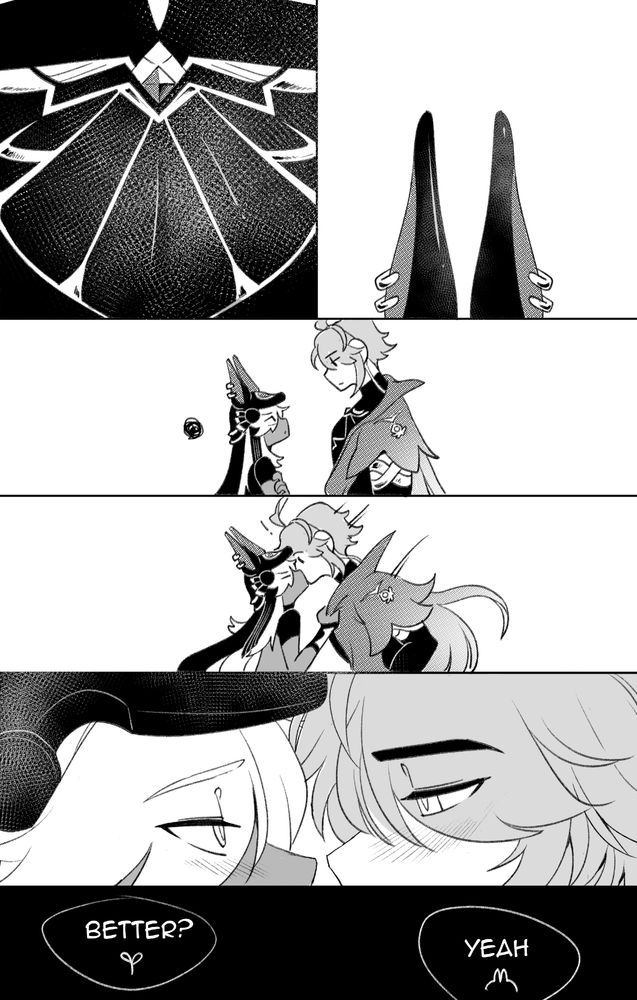 comic about the line of sight of two men. first panel is a POV of the taller man's chest. second panel is the top of the shorter man's helmet ears.
next panel shows the displeasure of both men. next panel has the shorter  man dragging the taller one down into a kiss. 
following panel has their eyes at perfect level
final panel states the men chatting, "better?" "yeah."