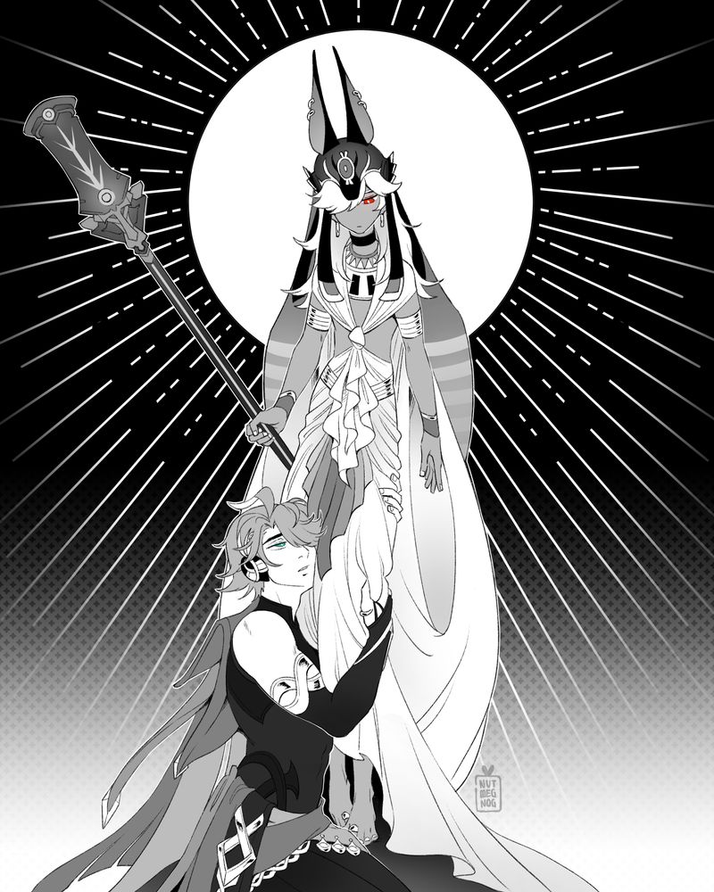 Black and white drawing of Cyno and Alhaitham from Genshin Impact. Cyno, the man standing, has flowing white hair, a jackal eared headdress on and is wearing a collection of white fabric draped over his body. In his right hand is his staff. Kneeling on the floor, holding Cyno by the knees is Alhaitham. His head is resting on Cynos thighs, his grip is tight. He stares up lovingly at Cyno, the straps of his own cape flowing off his figure gracefully.