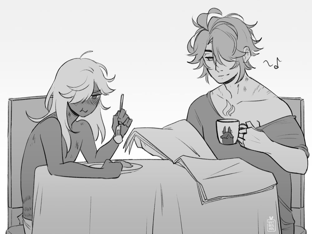 Cyno and Alhaitham sitting at a table sharing 'breakfast together'. Well....Alhaitham's already had his breakfast *smirk*