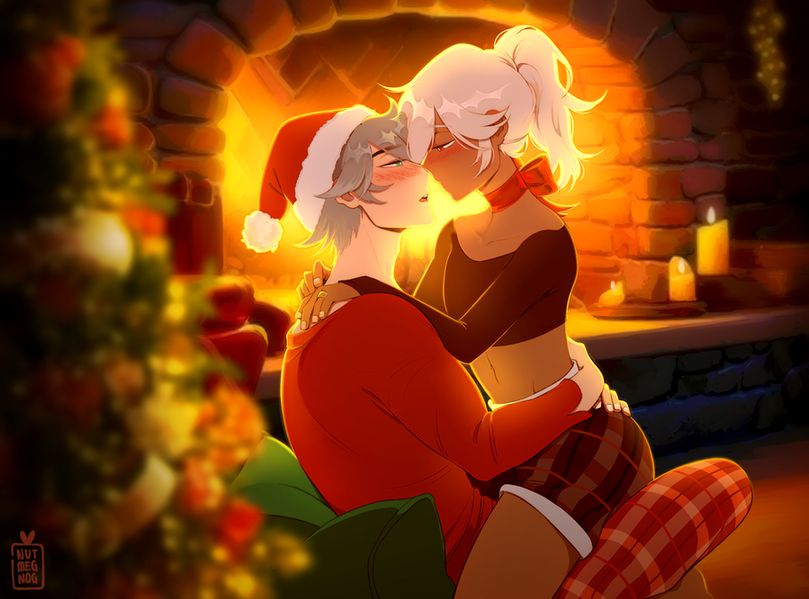 A couple sits in each other's lap in front of a roaring fire, with a tree obscured in front of them. The man on the left is fair skinned with gray hair. He's wearing a santa hat, red sweater and plaid pants. The man on the right is tan with white hair. He's the shorter of the two and is in the lap of the other man. He's wearing a red bow as a choker. His arms are slung around the taller man's neck, a golden ring on his finger. The taller man has his arms wrapped around the tiny waist of the smaller man.