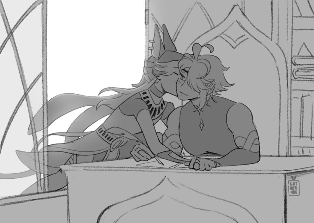 Cyno from Genshin Impact, entering through a window to smooch the cheek of the Acting Grand Sage Alhaitham as he works at his desk. Cyno's 'infiltrating' his office to deliver 'valuable goods' (a smooch)