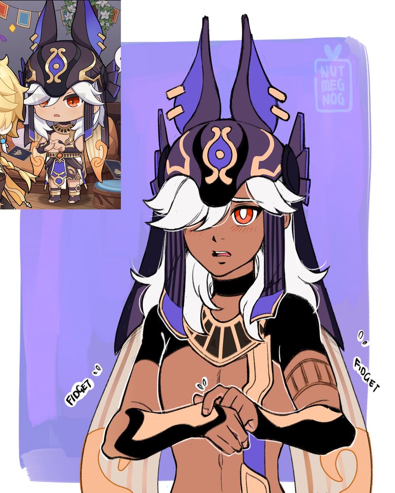 in the top left corner is an image of cyno from genshin impact as a chibi, looking nervously at the traveler in front of him as he fiddles with hsi figures. The larger image is a redraw of the picture from the top left. A tan man with white hair and a purple jackal themed helmet with many straps, fidgets with his fingers as he looks nervously ahead of him. His eyes are red and his cheeks are lightly flushed