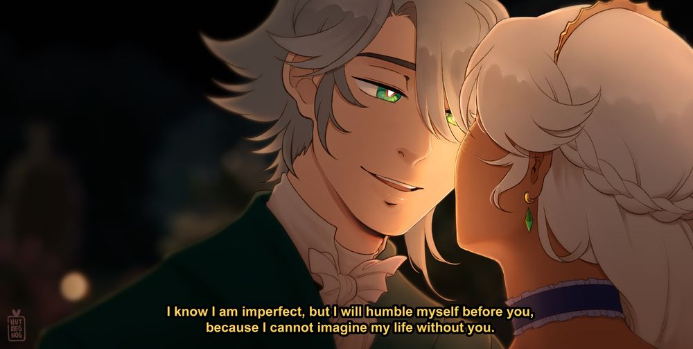 gray haired man with piercing green eyes leaning over a dark skinned, white haired man wearing a tiara, green gem earring and purple choker.
the gray haired man says: "i know i am imperfect, but i will humble myself before you, because i cannot imagine my life without you."