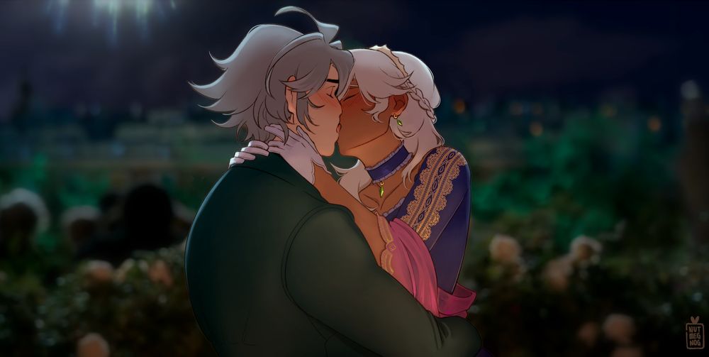 gray haired man and the white haired man kissing in front of a vast garden. a firework can be seen on the left