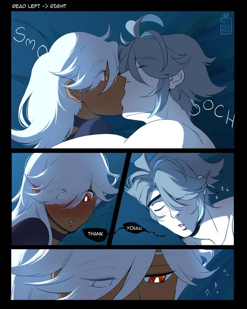 Alhaitham kisses Cyno. We cut to a flushing Cyno as Alhaitham drifts back to sleep and mumbling, "thank you..." Cyno's eyes half-lid in happiness.