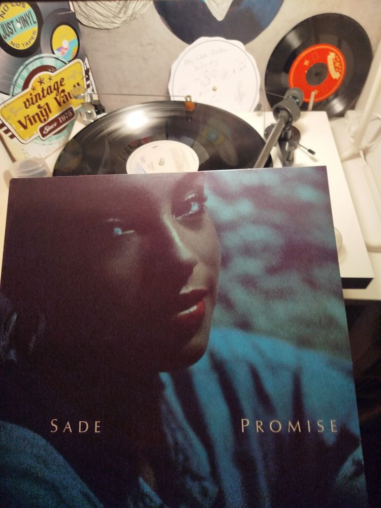 Das Bild zeigt im Vordergrund das Albumcover von "Promise" der britischen Band Sade. Das Cover zeigt ein Porträt der Sängerin Sade Adu in gedämpften Blau- und Rottönen, mit dem Schriftzug „SADE PROMISE“ am unteren Rand.

Im Hintergrund steht ein Plattenspieler, auf dem gerade eine Schallplatte läuft. Links daneben sind dekorative Schilder zu sehen, unter anderem eines mit der Aufschrift „vintage vinyl“ und stilisierten Schallplatten. Rechts an der Wand hängt eine weitere kleinere Schallplatte (Single) in einer Halterung. Dahinter befindet sich ein weißes Schild oder Papier mit handgeschriebenem Text und Musiknoten.

Das Setting vermittelt eine gemütliche, retro-inspirierte Atmosphäre mit starkem Bezug zur Vinyl- und Musikleidenschaft.

(Mit ChatGPT erstellt)
