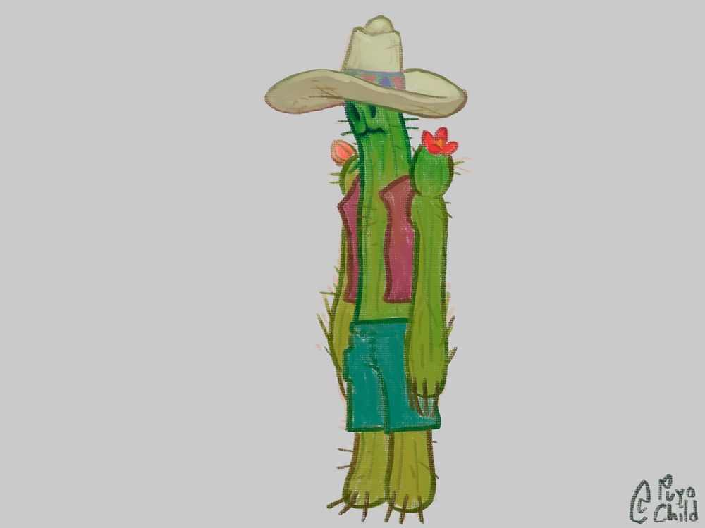 artwork of a lanky anthropomorphic cactus wearing a sombrero, a light vest and pants