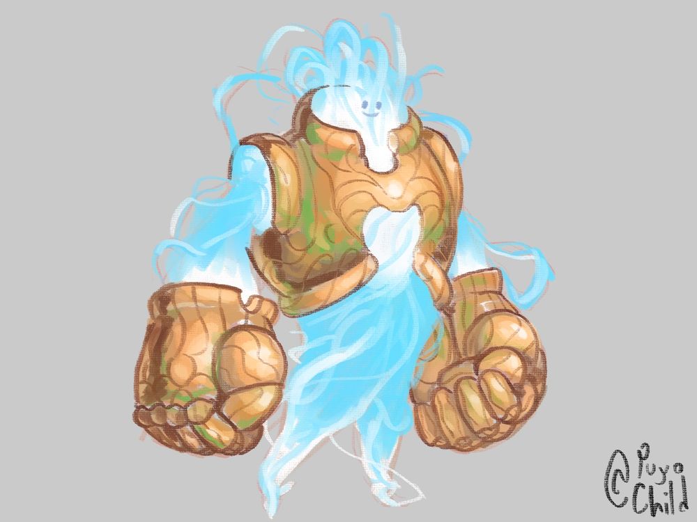 artwork of a top-heavy and cartoony humanoid made out of light, wearing large golden gauntlets and wearing golden armor around their torso. They have a tiny smiley face.