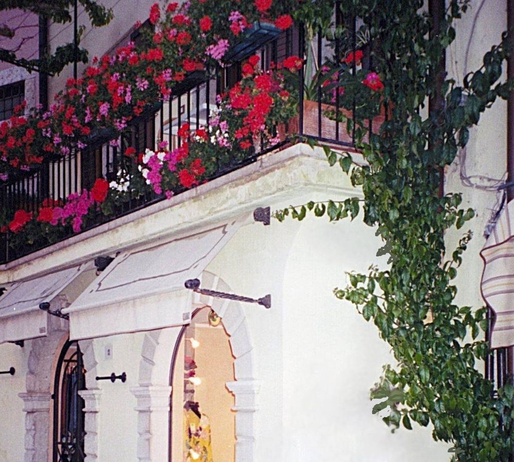 The photo shows a balcony above a shop. It has a metal railing which is covered with red and pink flowers.  There are two shop windows below the balcony and there is a vine growing up the side of the building.