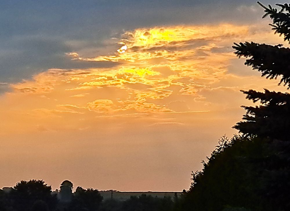 Looking across farmland towards the sunrise, there are trees in the foregeround.  Above the orange colours of the sunrise, is an ominous dark cloud that threatens a storm.