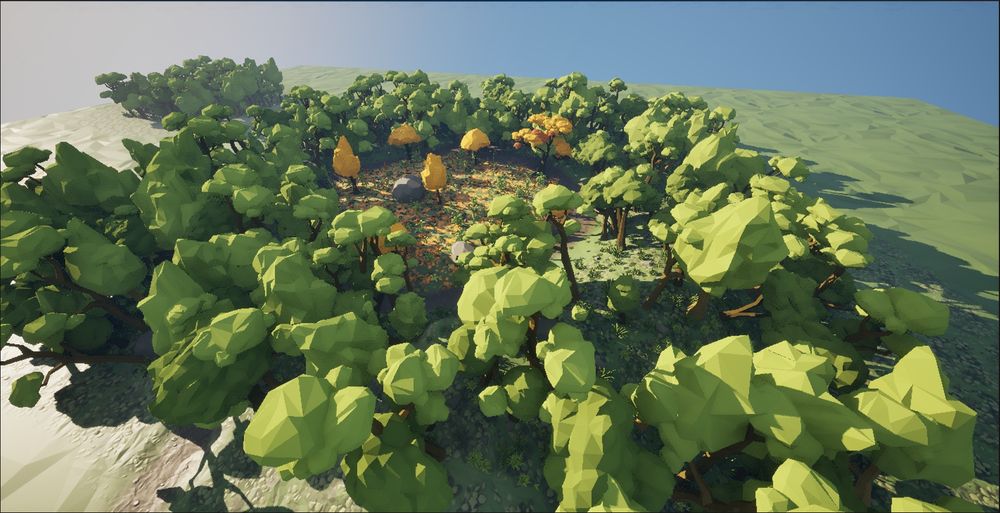 A geometric forest with dense green foliage and a few yellow-leaved trees, hinting at seasonal change. A clearing in the center features rocks and fallen leaves. The sky is clear and blue, with tree shadows stretching across the grassy ground.