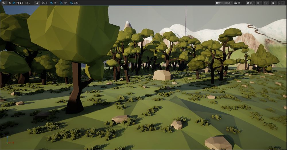 A stylized forest with green-leaved trees and brown trunks scattered across grassy terrain with rocks. In the distance, snow-capped mountains rise under a clear sky. Soft lighting creates long shadows, evoking a peaceful, natural setting.