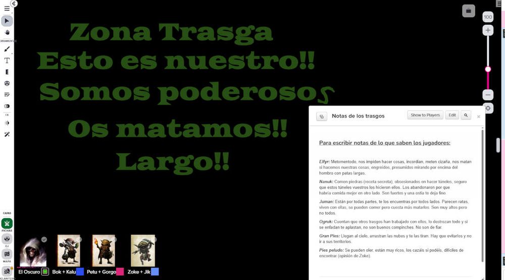 Captura de pantalla de primeros minutos de partida en Roll20 con los 6 Personajes Trasgos asignados y unas notas de los “conocimientos” trasgos de las otras especies que, básicamente, decidieron los jugadores.