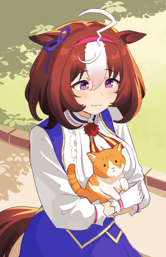 Meisho Doto from umamusume. She is holding an orange cat.