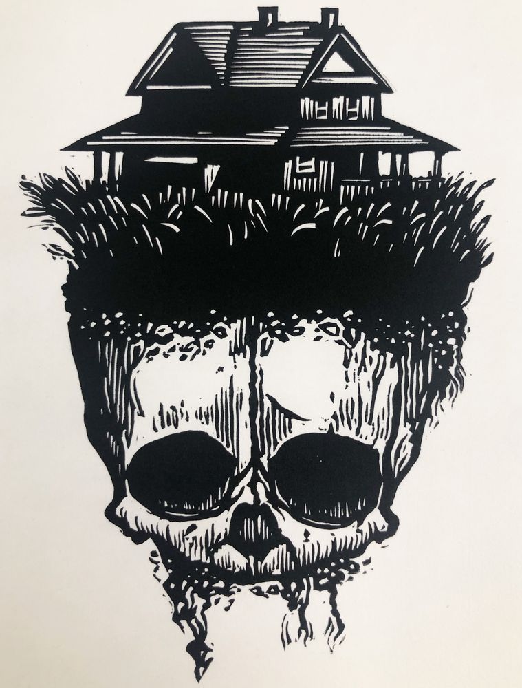 A linocut print inspired by the X Files episode ‘Home’. The illustration shows a dilapidated shack in long grass sitting on a child’s skull. It’s quite grisly - even more so written down - apologies…