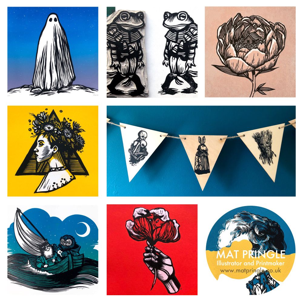 A selection of linocut prints with a folkloric theme. And folk horror bunting! Of course…