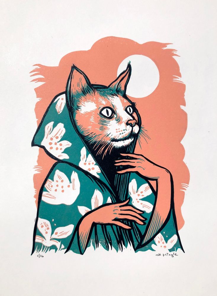 A three colour illustrated linocut print of a woman turning into a cat. She’s wearing a floral turquoise cape.