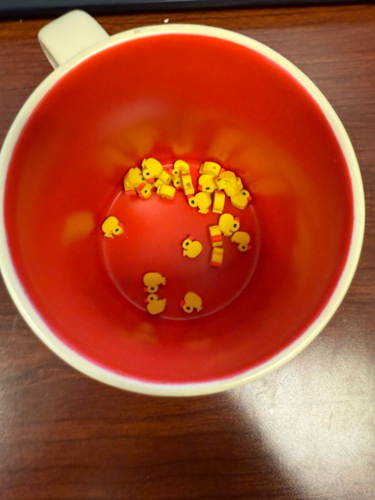 Inside of a mug with a dozen-or-so tiny rubber ducks inside