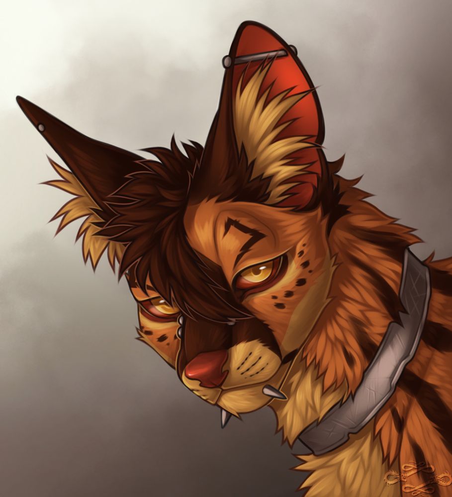 Digital drawing of a serval cat wearing a solid metal collar and facial piercings.