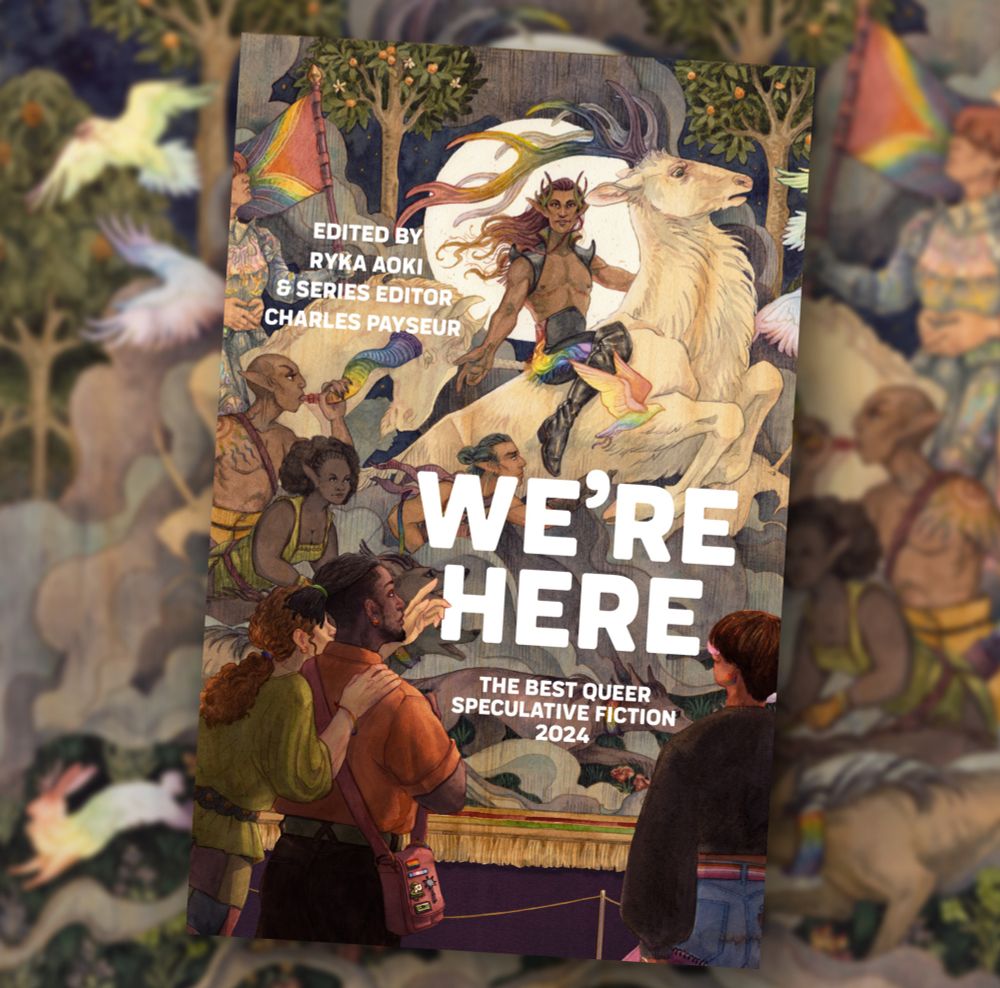 The cover for WE'RE HERE 2024. An earth-toned wild hunt tapestry with muted rainbow-y accents being looked at by a trio of rad queer people in a museum-esque framing.