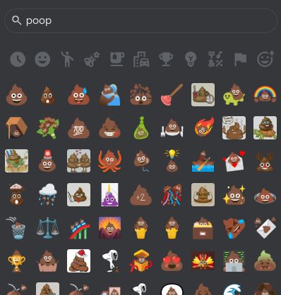 Emoji search panel showing many interesting results for poop including poop-hug, poop-bouquet, and poop-rofl