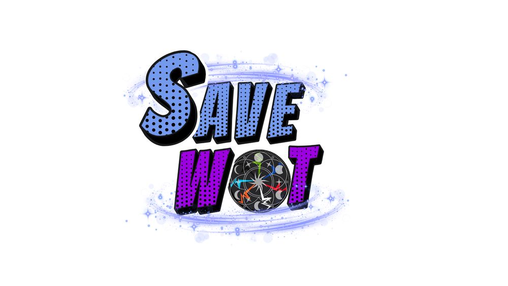 The image features the text "SAVE WOT" prominently displayed. The word "SAVE" is positioned above "WOT," with both words rendered in a bold, stylized font. Both letters in "SAVE WoT” are filled with a pattern of dots. Between the words "SAVE" and "WOT," there is a circular emblem. This emblem contains various symbols, including crescent moons and arrows pointing in different directions, arranged around a central point. The emblem appears to be a representation of celestial or cosmic elements.