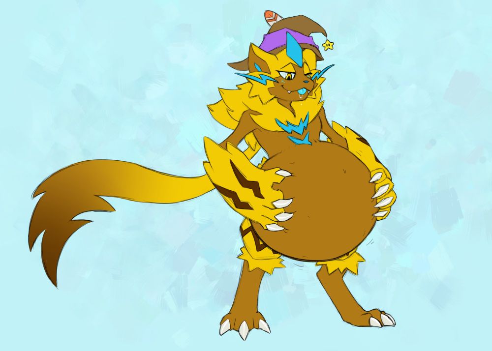 Leon in their Zeraora form, yellow and caramel coloured, and with a very round belly. He is holding that belly close and poking his blue tongue out in a small blep
