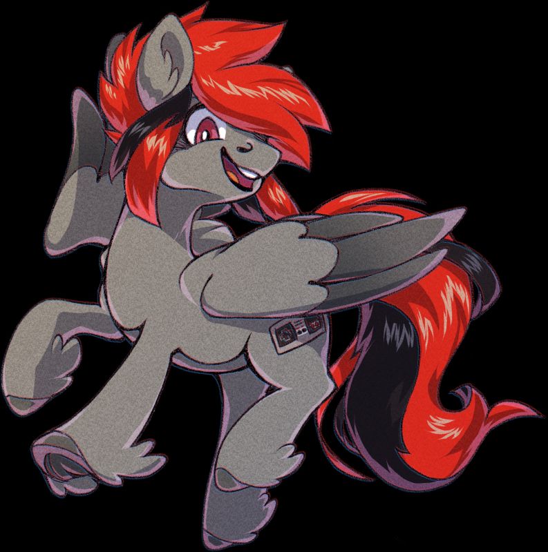 A gray pegasus pony with dual-toned red and black mane and tail. They have pink eyes and a NES controller Cutie mark.