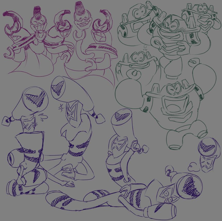 Practice doodles of the Extension Corps (Ecks, Ten, and Shun)