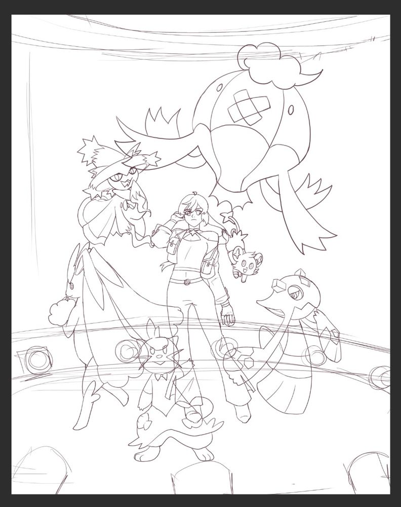 Pokemon trainer OC with her team (Drifblim, Mismagius, Froslass, Lopunny, Shinx, and Dewott) in a stage