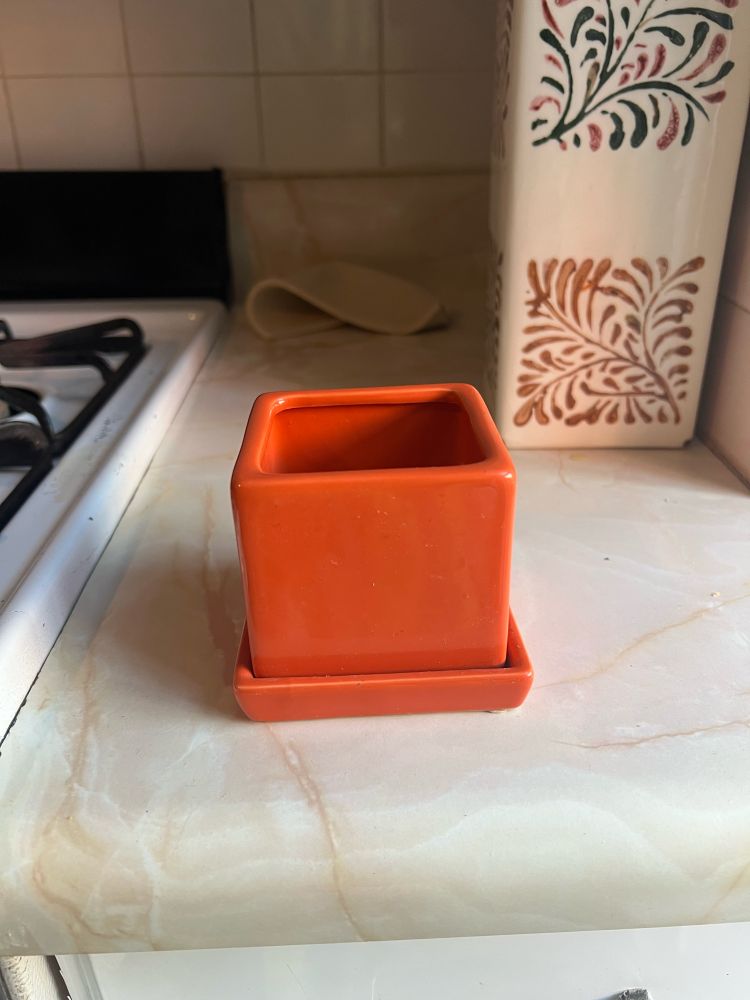 Photo of a small orange ceramic planter. 