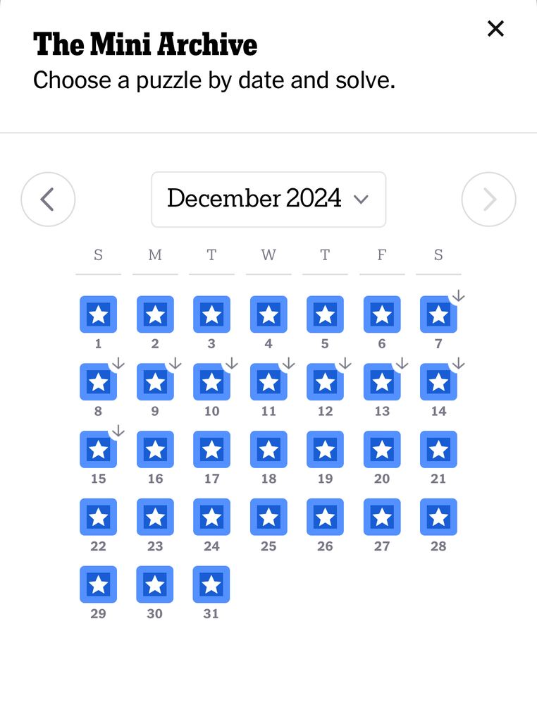 Screenshot of NY Times crossword archive for December 2024. Every puzzle is complete. 