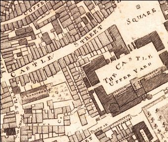 Extract from Rocque’s Map of Dublin (1756) showing the proximity of the Registry in the Upper Castle Yard to the hub of legal and financial Dublin in Castle Street.