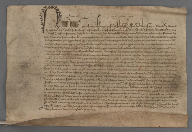 RIA GSA/9/81 – Deeds of the Guild of St Anne, 28 Henry VI, Item 81 (4 March 1450). Document Type: Power of Attorney

Content: Joan, who was wife of John Stafford, baker, deceased, and David Rowe, executors of the testament of the said John Stafford, make John Brailis of Dublin, clerk, their attorney to place Robert Burnell, Master, William Grampe and William Graas, Wardens of the Guild in possession of two tenements in St Audoen’s parish (1450).