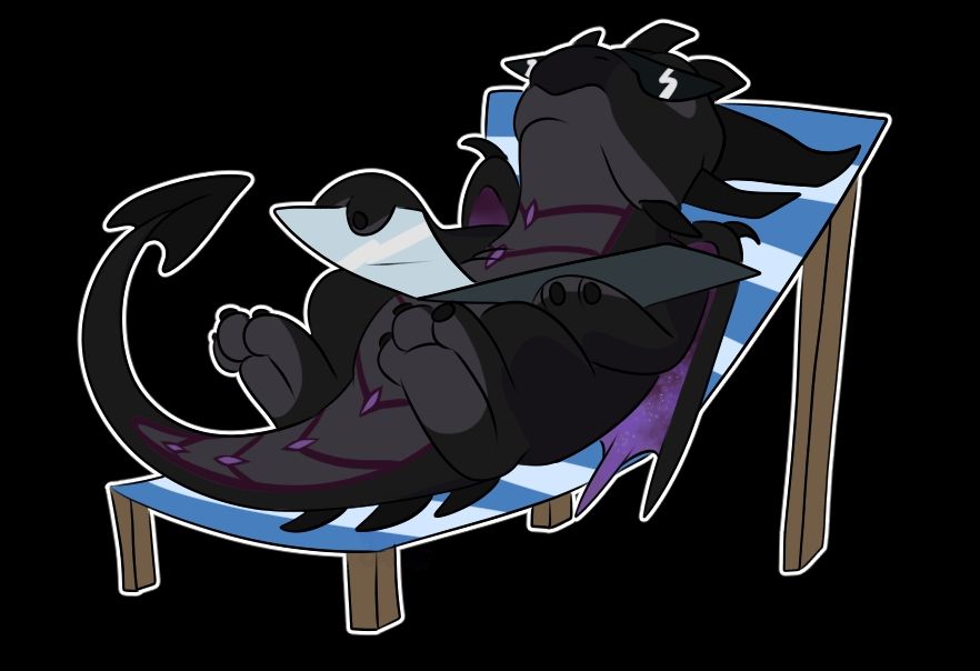 A black and purple dragon tanning on a beach chair wearing sunglasses.