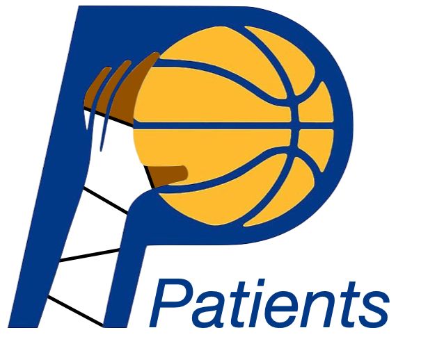 Pacers city-edition logo. The hand has a cast, and it says Patients instead of Pacers