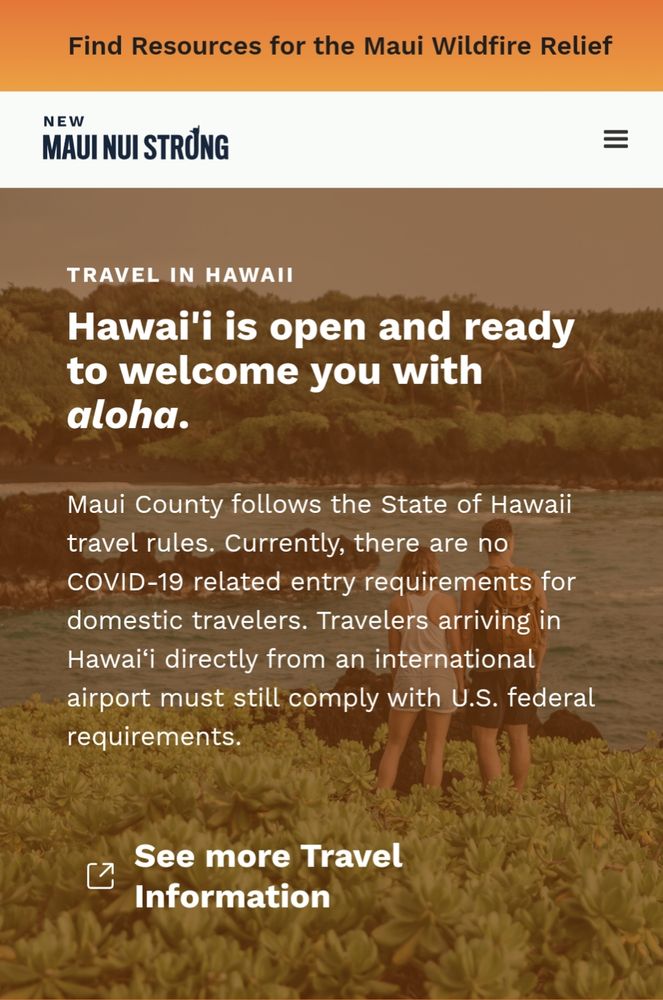 Screenshot of a county website which says that Hawaii is open and ready to welcome you with aloha