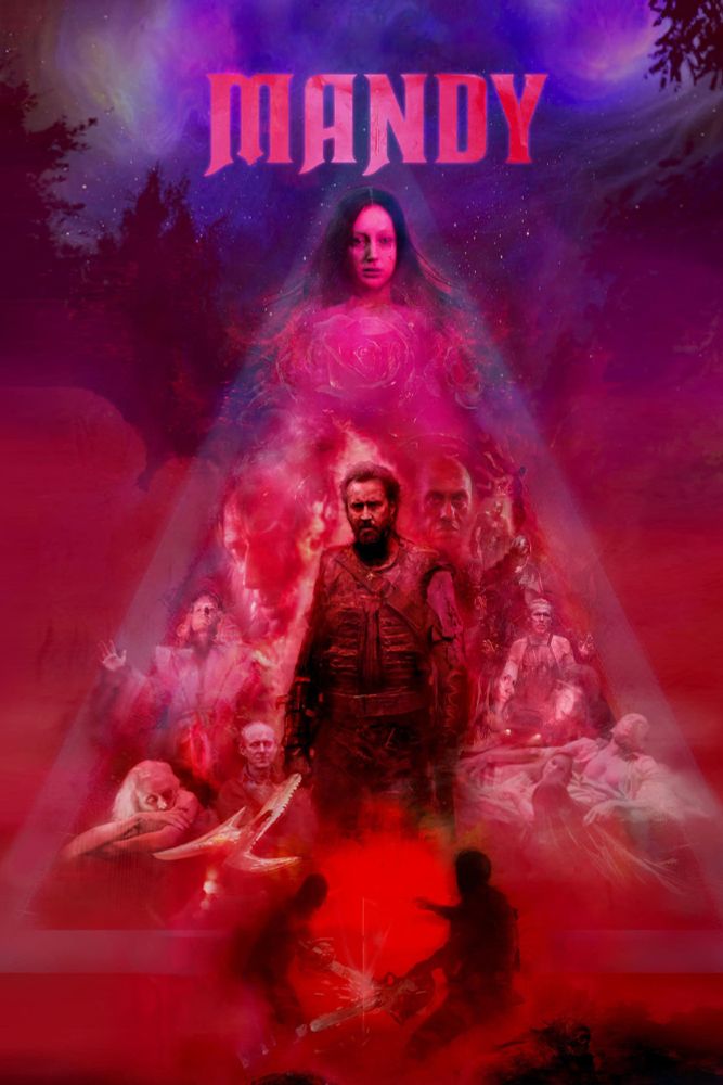 Mandy (2018) movie poster filled with red, pink and blue colors.  It looks like a painting with a collage of people inside of a triangle in the middle. 