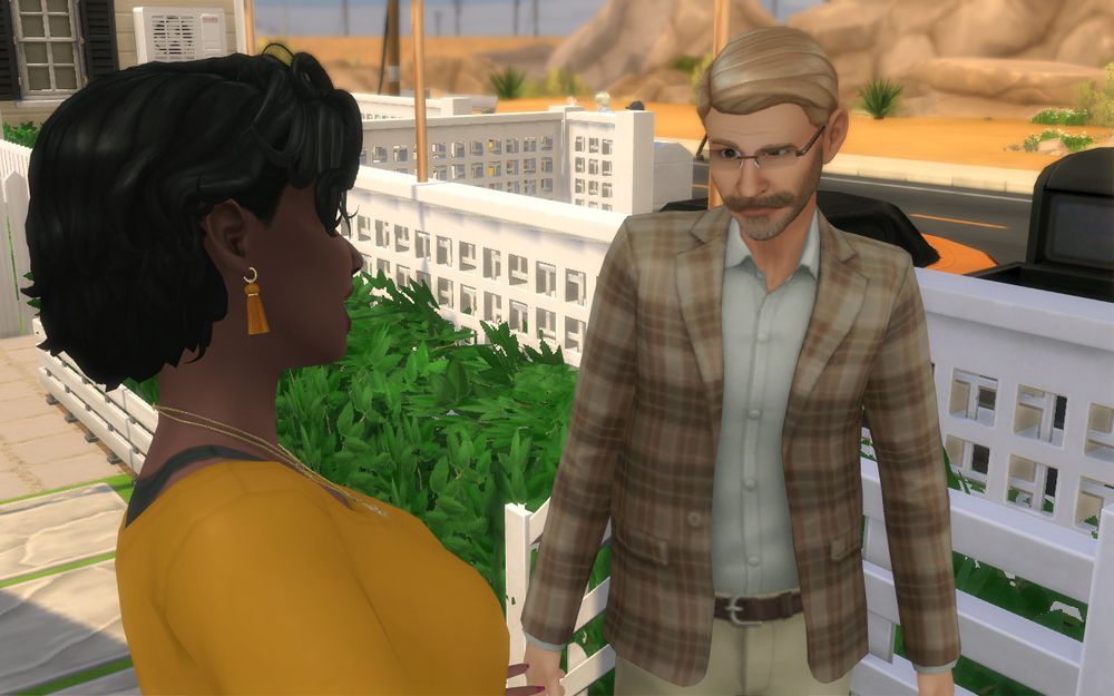 Geoffrey looks skeptical as Eva explains. 